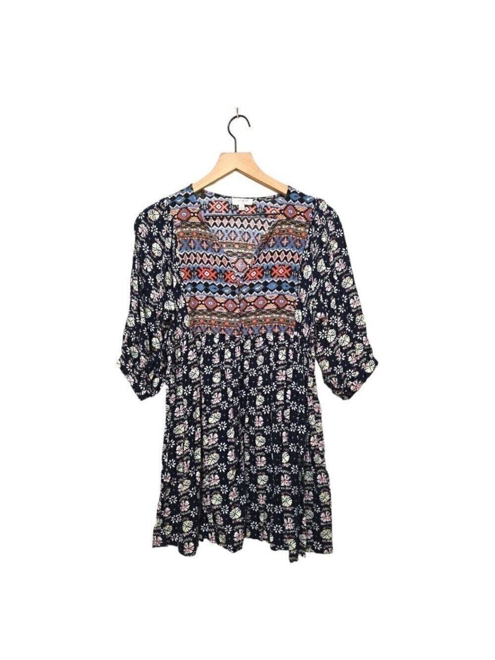 Umgee Aztec Floral Boho 3/4 Sleeve Babydoll Mini Dress Sz S